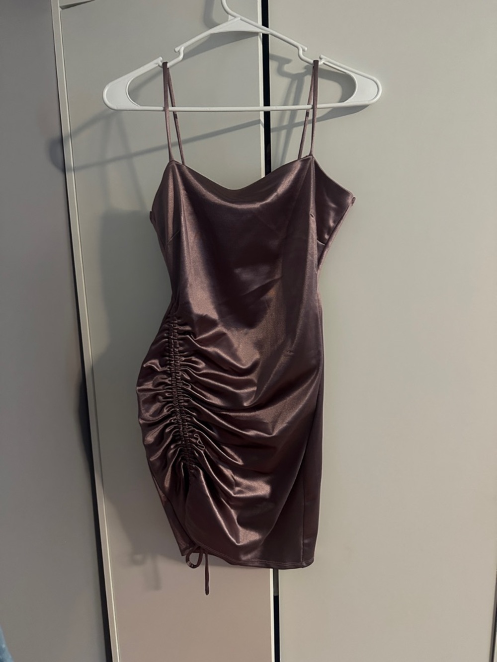Satin Ruched Mini Dress in Plum